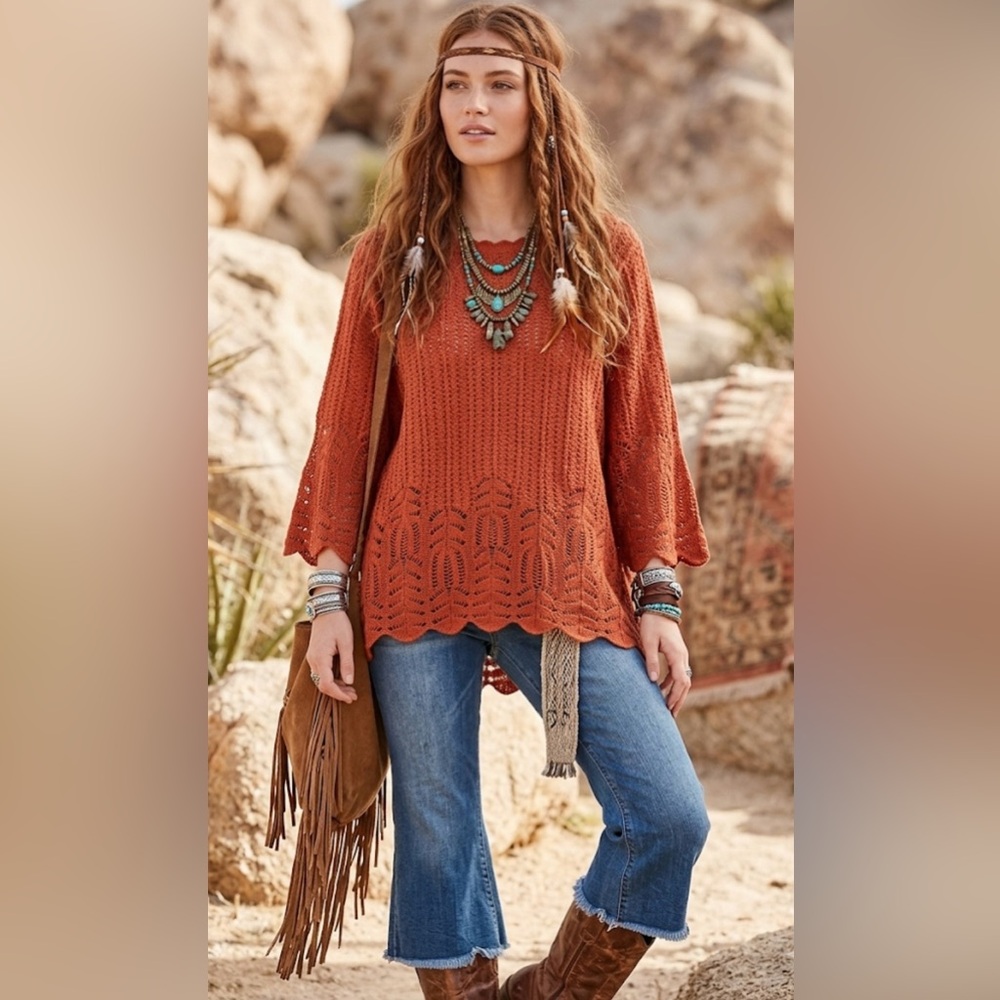 ModCloth Boho Rust Orange Crochet Knit Sweater